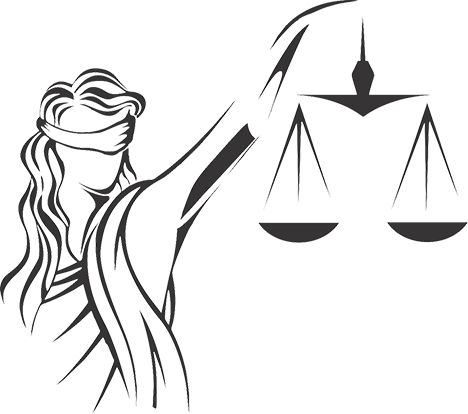 Line drawing of Lady Justice blindfolded, holding balanced scales in front of her.