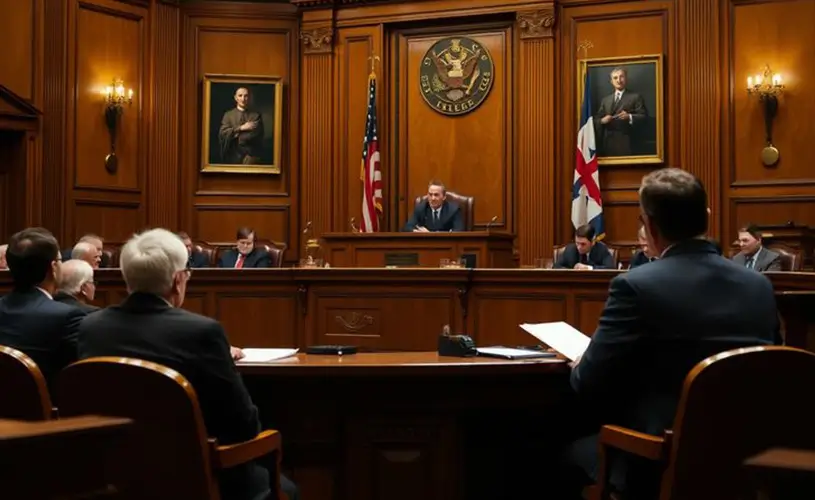 Judge presiding at a raised bench in a wood-paneled courtroom with flags and portraits behind him; attorneys seated at the sides.