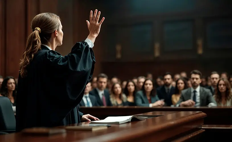 Judge in a black robe raises her hand from the bench while addressing an audience in a courtroom filled with people watching attentively.