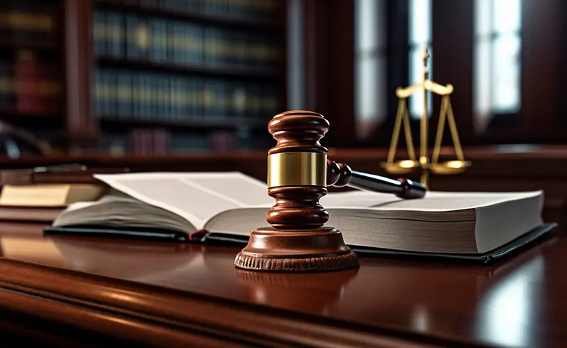 Judge's gavel resting on a wooden desk with an open law book and scales of justice in the background, symbolizing law and judicial proceedings.