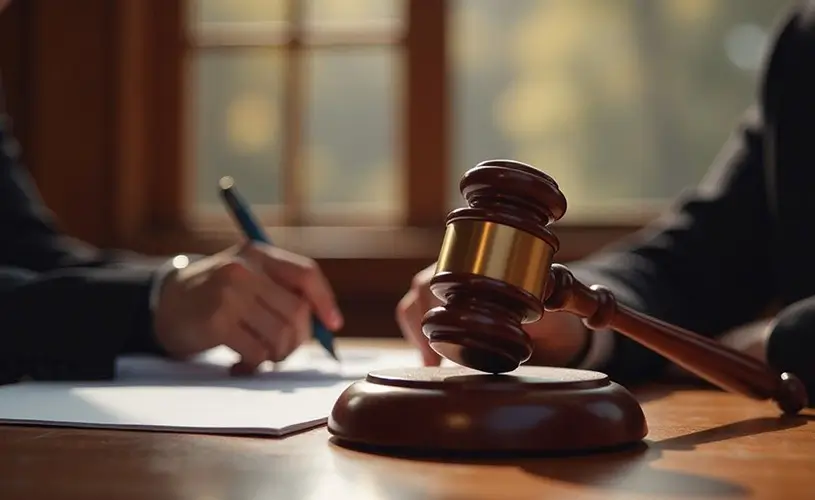 Judge's gavel resting on a wooden desk with a person signing papers in the background, suggesting a legal proceeding.