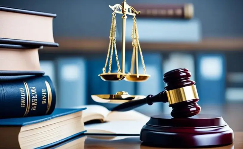 Golden scales of justice balanced with a wooden gavel on a desk beside law books, symbolizing the legal system.