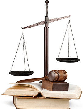 Scales of justice atop open books with a wooden gavel, symbolizing law and learning.