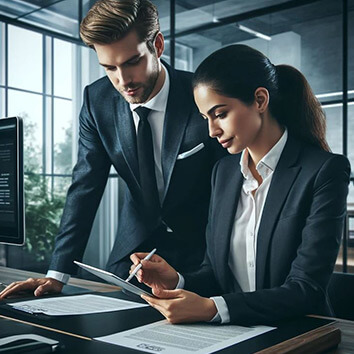 Two professionals in suits review documents at a desk in a modern office, collaborating closely.