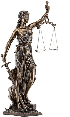 Bronze statue of Lady Justice holding scales in her raised right hand and a sword in her left.