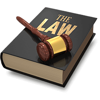 Gavel resting on a closed black law book titled 'The Law'