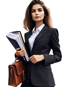 Professional woman in a black blazer holding folders and carrying a brown handbag.