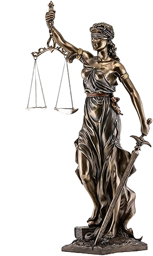 Bronze statue of Lady Justice holding scales in her left hand and a sword in her right.
