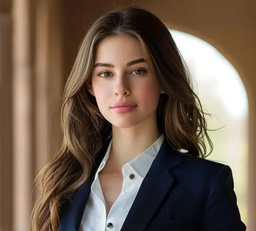 Professional portrait of a woman with long brown hair wearing a navy blazer and white button-down shirt, looking at the camera.