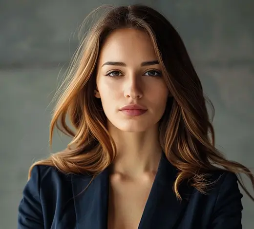 Portrait of a woman with long brown hair in a dark blazer, looking at the camera with a neutral expression.