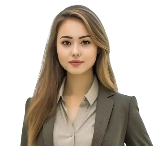 Portrait of a professional woman with long light brown hair, wearing a gray blazer and beige blouse, looking at the camera.