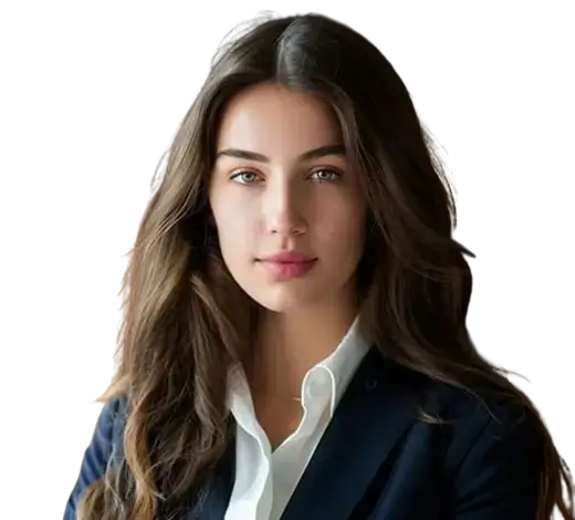 Professional woman with long brown hair in a navy blazer and white shirt, looking at the camera.