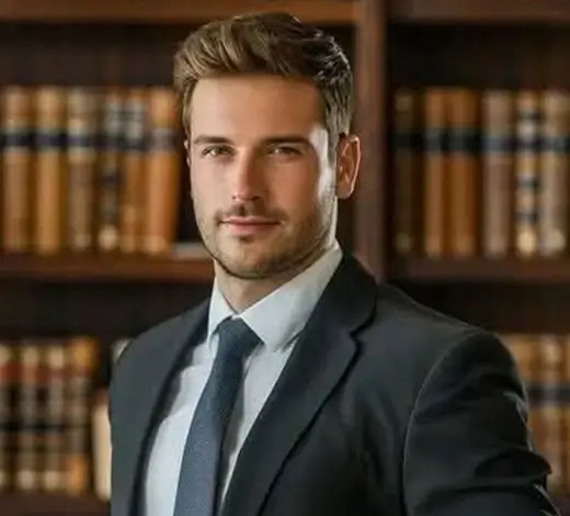 Professional man in a dark suit and tie standing in a library with shelves of books behind him.