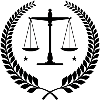 Symbol of justice: balanced scales between two pans, framed by a laurel wreath in a circular emblem.