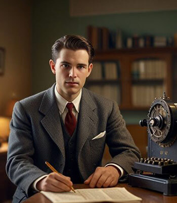 Man in a gray suit writes on a desk beside a vintage sewing machine, with bookshelves in the background.