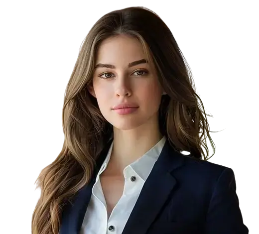 Professional woman wearing a navy blazer and white blouse, looking confidently at the camera.